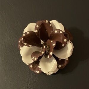 Brown and White Polka Dot Enamel Flower Vintage Brooch